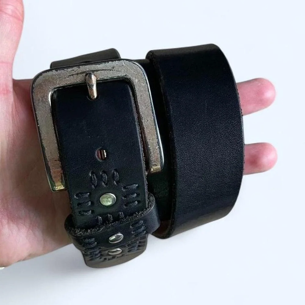 Black leather western embroidered belt with silver buckle